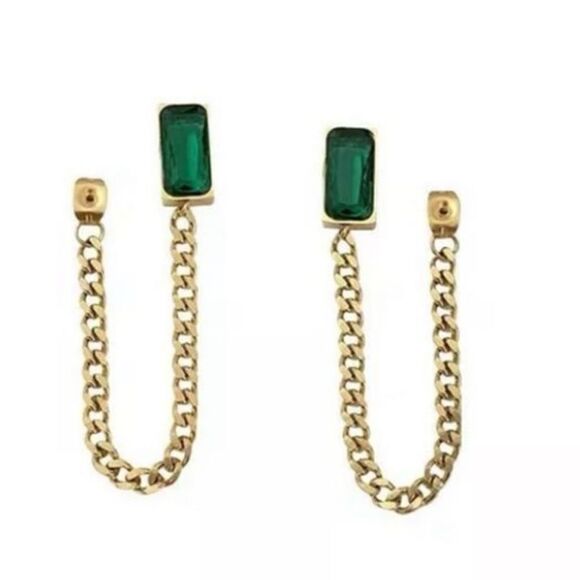 The Champion Square Emerald Crystal Gold Chain Dangle drop Earrings - Picture 7 of 8
